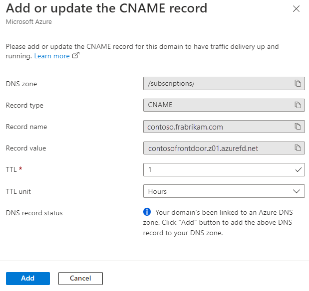 [CNAME レコードの追加または更新] ペインを示すスクリーンショット。