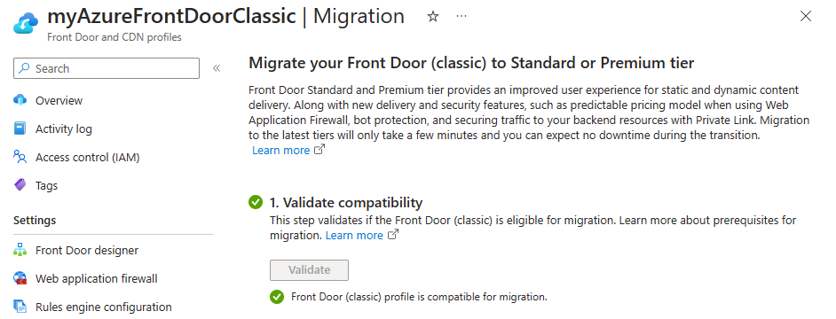 Front Door (クラシック) プロファイルの移行の検証の成功のスクリーンショット。