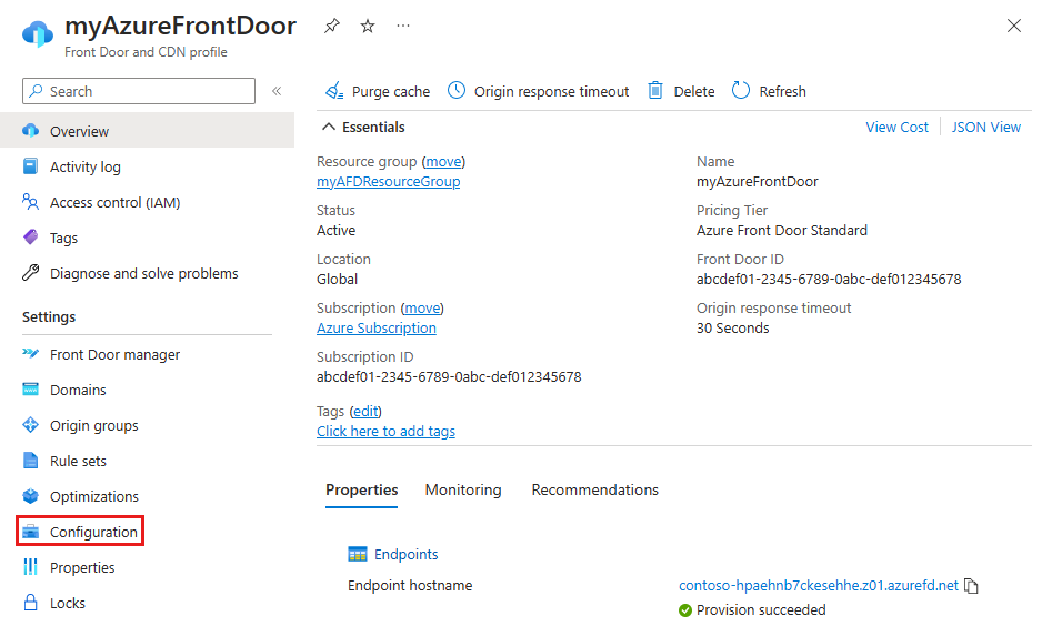 Front Door Standard プロファイルの [設定] の下にある [構成] ボタンのスクリーンショット。