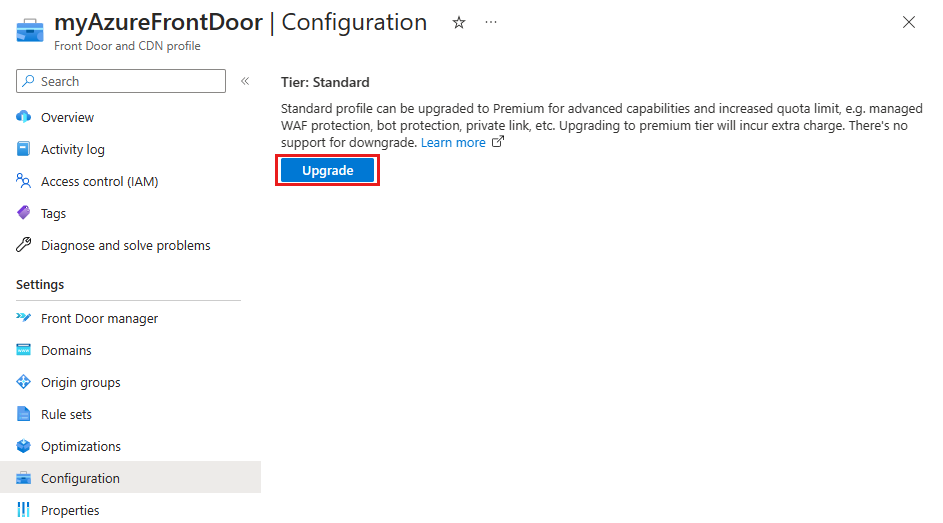 Front Door Standard プロファイルの [構成] ページにある [アップグレード] ボタンのスクリーンショット。