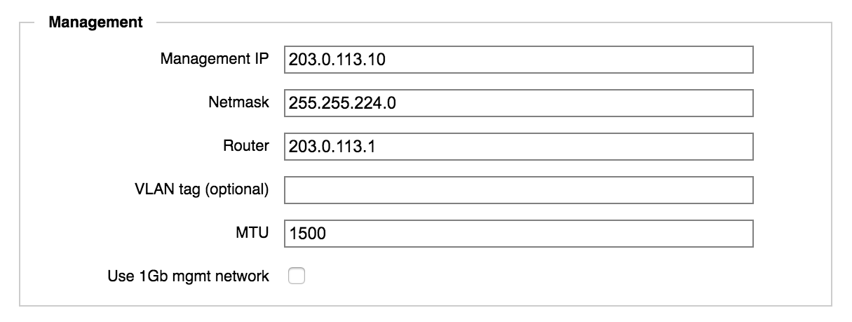 [管理] セクションの詳細。5 つのオプションのフィールドと、1 Gb 管理ネットワークのチェック ボックスがある