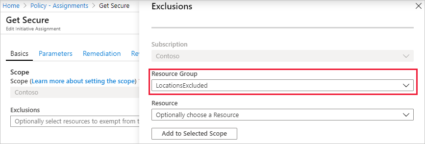 [イニシアティブ割り当て] ページにある、除外されたリソース グループをポリシー割り当てに追加するための [除外] オプションのスクリーンショット。