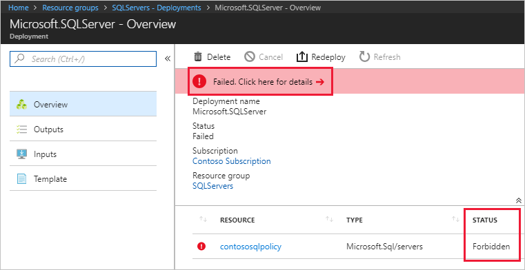 ポリシー割り当てで拒否されたデプロイ失敗のスクリーンショット。