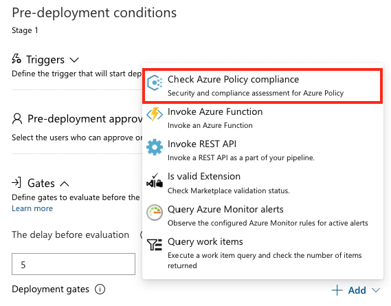 Azure Policy ゲートのスクリーンショット。