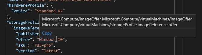 プロパティにカーソルが合わされて別名が表示されている、Visual Studio Code 用の Azure Policy 拡張機能のスクリーンショット。