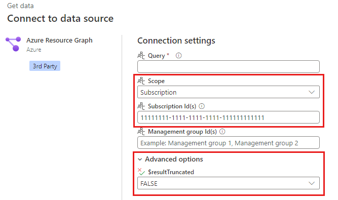 クエリでスコープ、サブスクリプション ID、$resultTruncated にオプションの設定を使用している、Power BI サービスの [Azure Resource Graph] ダイアログ ボックスのスクリーンショット。