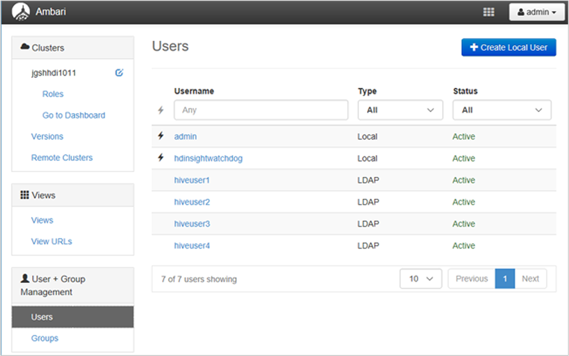 ESP HDInsight の Ambari 管理 UI でのユーザーの一覧表示。