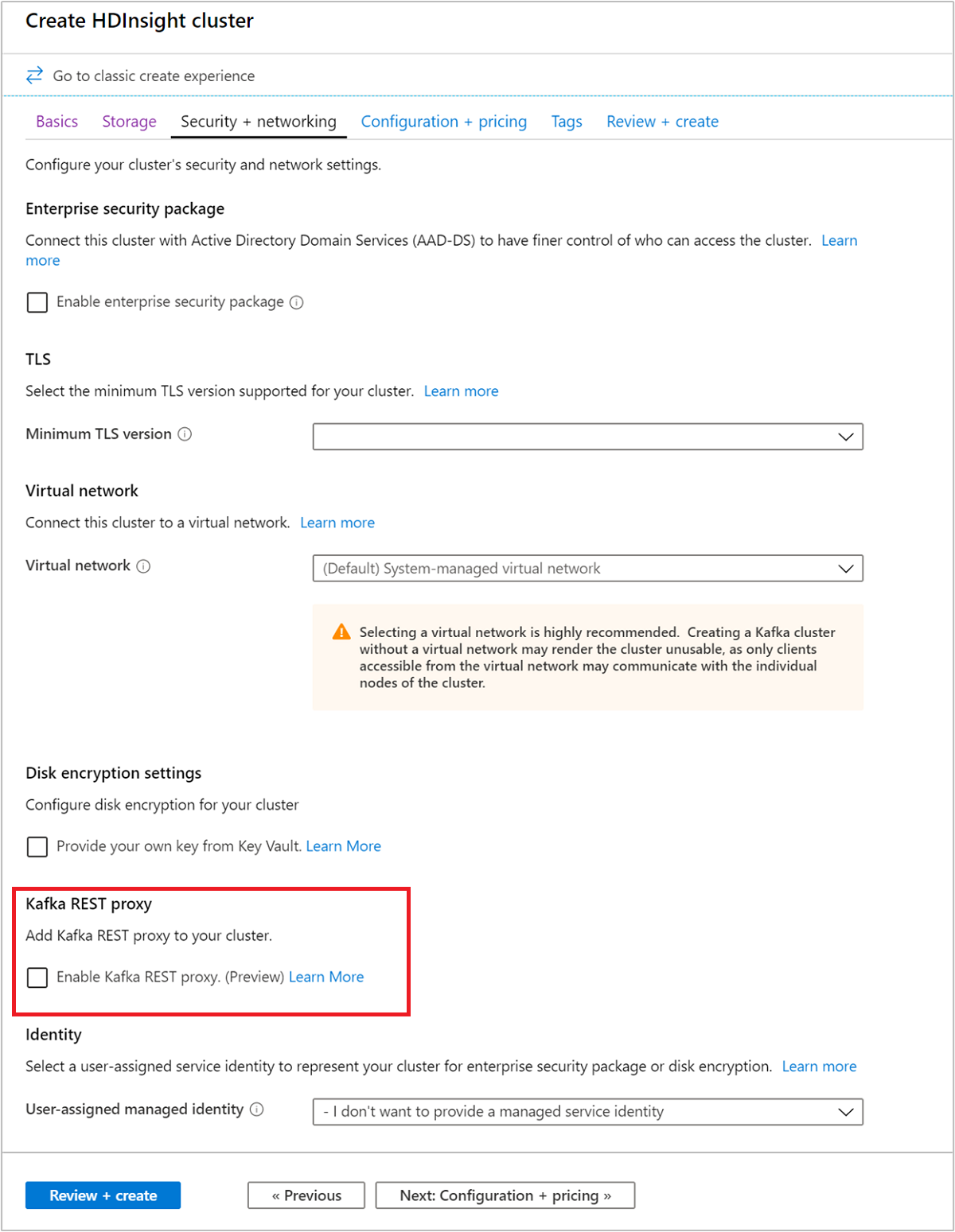 Screenshot shows the Create HDInsight cluster page with Security + networking selected.