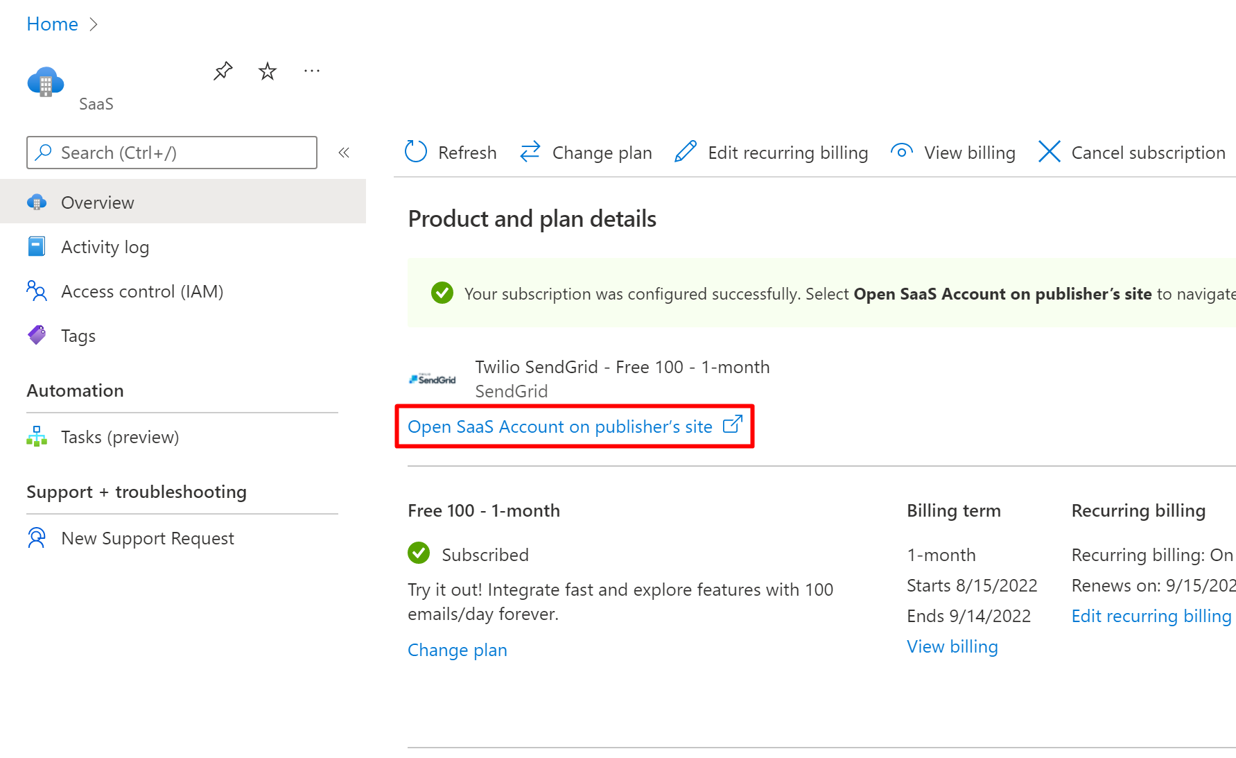 Azure portal での SendGrid の概要。