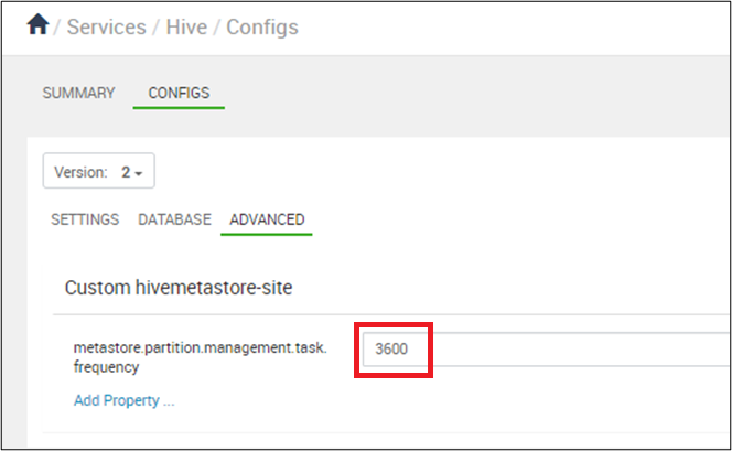  頻度値を含む Ambari Hive 構成ファイルを示すスクリーンショット。