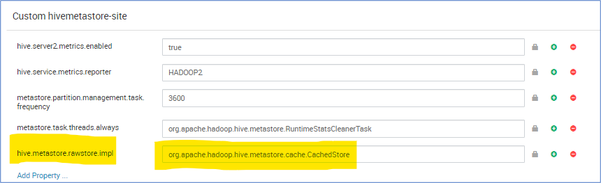 データベース クエリ結果をキャッシュするための Hive メタストア プロパティ ファイルの値を示すスクリーンショット。