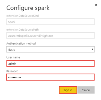 Spark クラスターへのサインインを示すスクリーンショット。