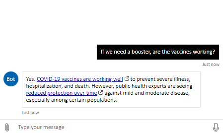 Screenshot of the Azure AI Health Bot, verify chat message