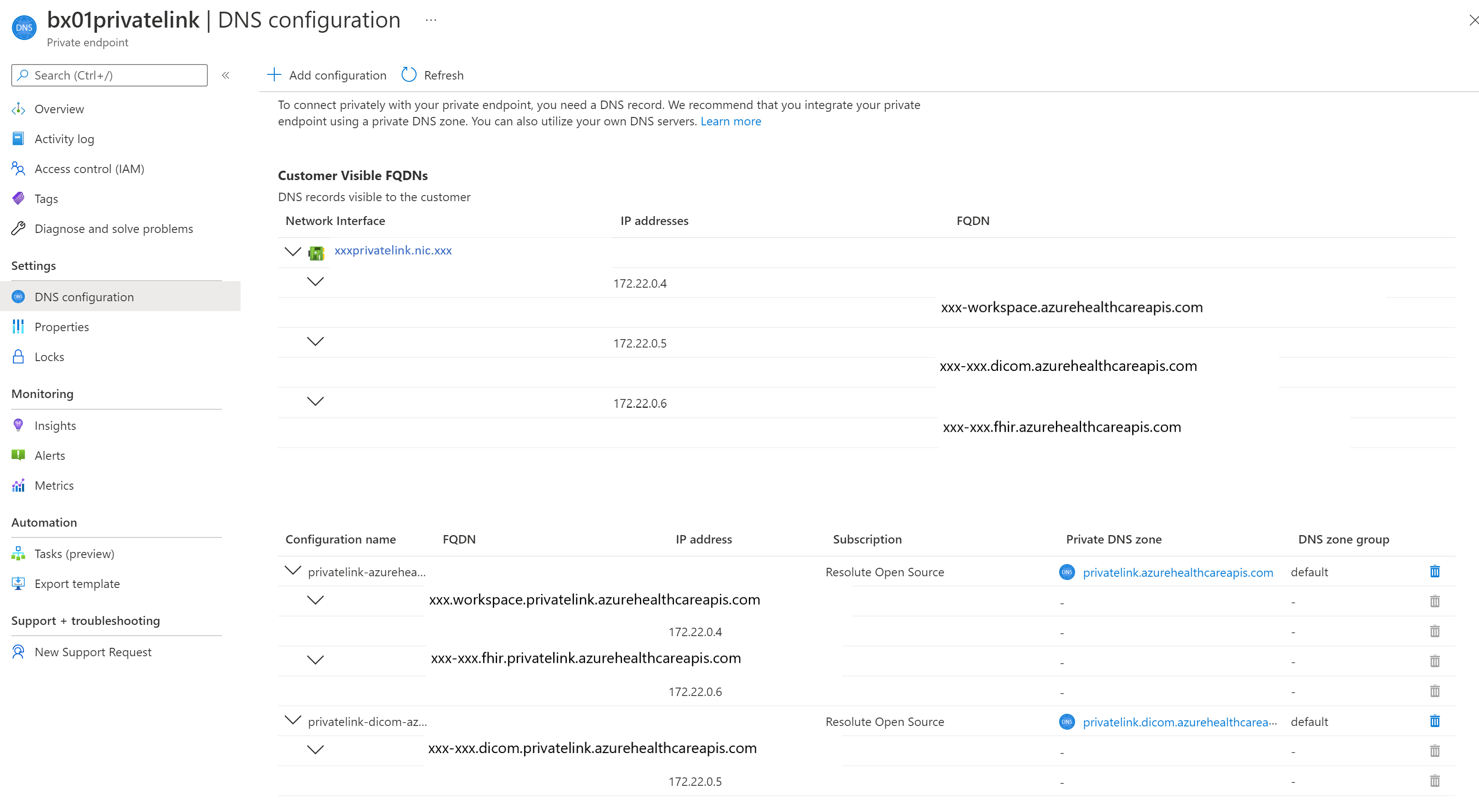 Azure portal の DNS 構成の画像を示すスクリーンショット。