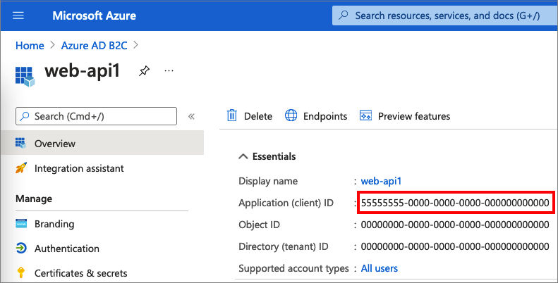 Web A P I アプリケーション ID の取得方法を示すスクリーンショット。