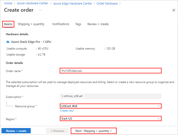 Azure Edge Hardware Center の注文の注文名、リソース グループ、リージョンを入力するための [基本情報] タブのスクリーンショット