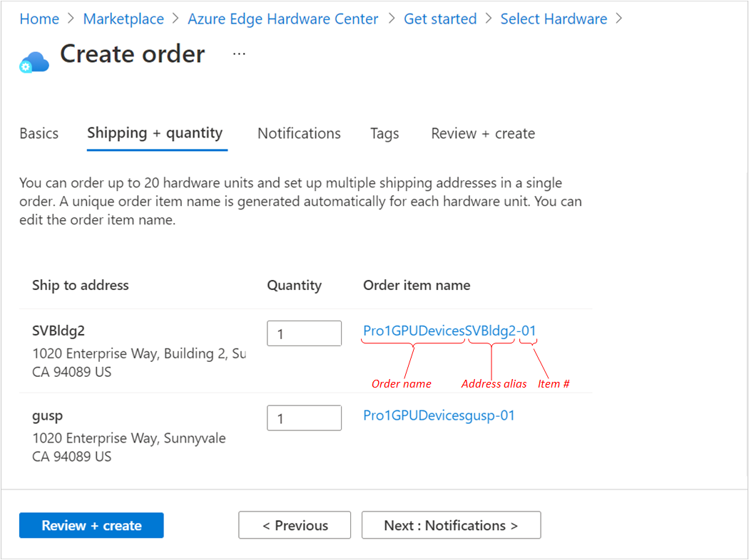 2 つの住所が記載された、Azure Edge Hardware Center の注文の [出荷および数量] タブの図。注文項目名の各部分が識別されています。