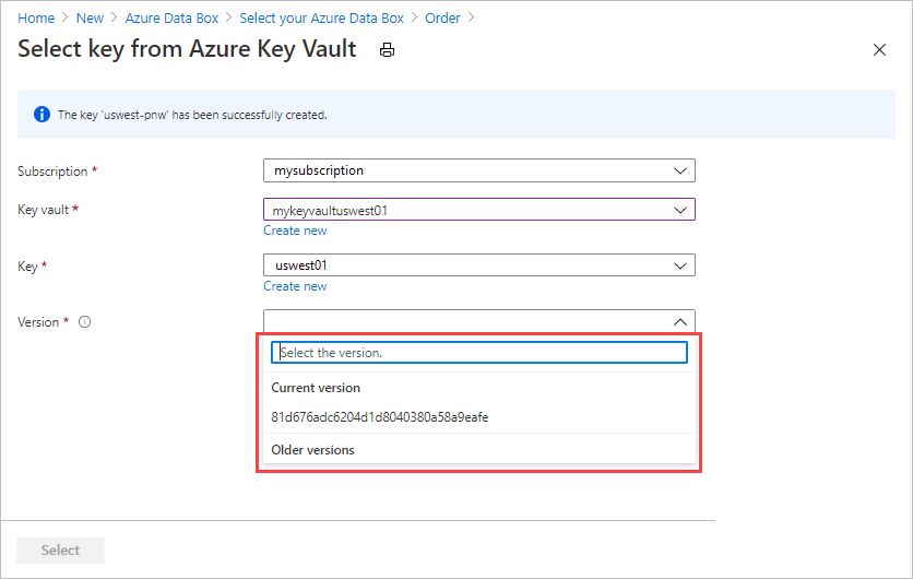 Azure Key Vault の [キーの作成] 画面のスクリーンショット。[バージョン] フィールドが強調表示され、使用可能なバージョンが表示されています。