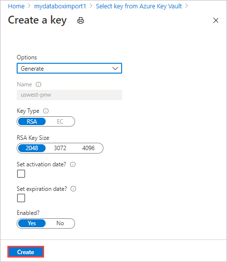 サンプルのフィールド設定を含む、Azure Key Vault の [キーの作成] 画面のスクリーンショット。[作成] ボタンが強調表示されています。