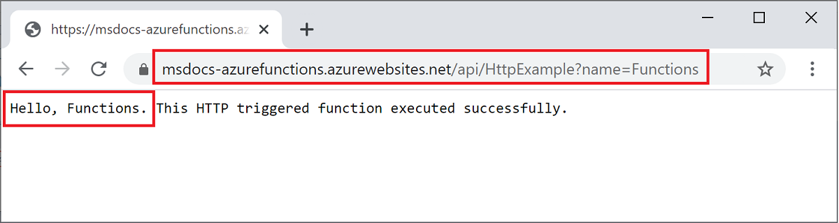 Azure 上で実行された関数の出力をブラウザーで表示したところ