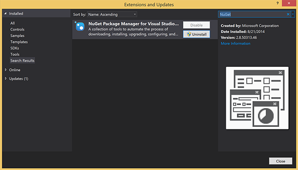 Visual Studio 用 NuGet パッケージ マネージャー パッケージが強調表示された [拡張機能と更新プログラム] ダイアログ ボックスのスクリーンショット。