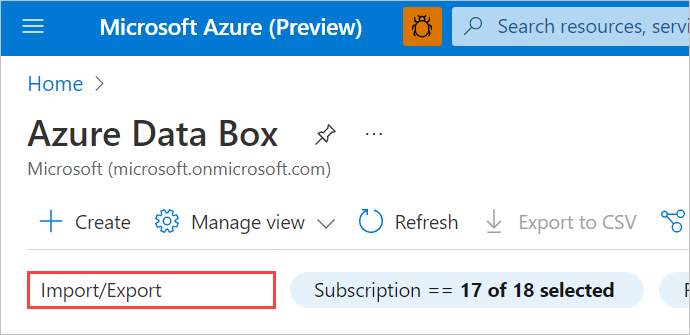 Azure portal で Data Box リソースをフィルター処理して、インポート/エクスポート ジョブを表示する方法を示すスクリーンショット。検索ボックスが強調表示されています。