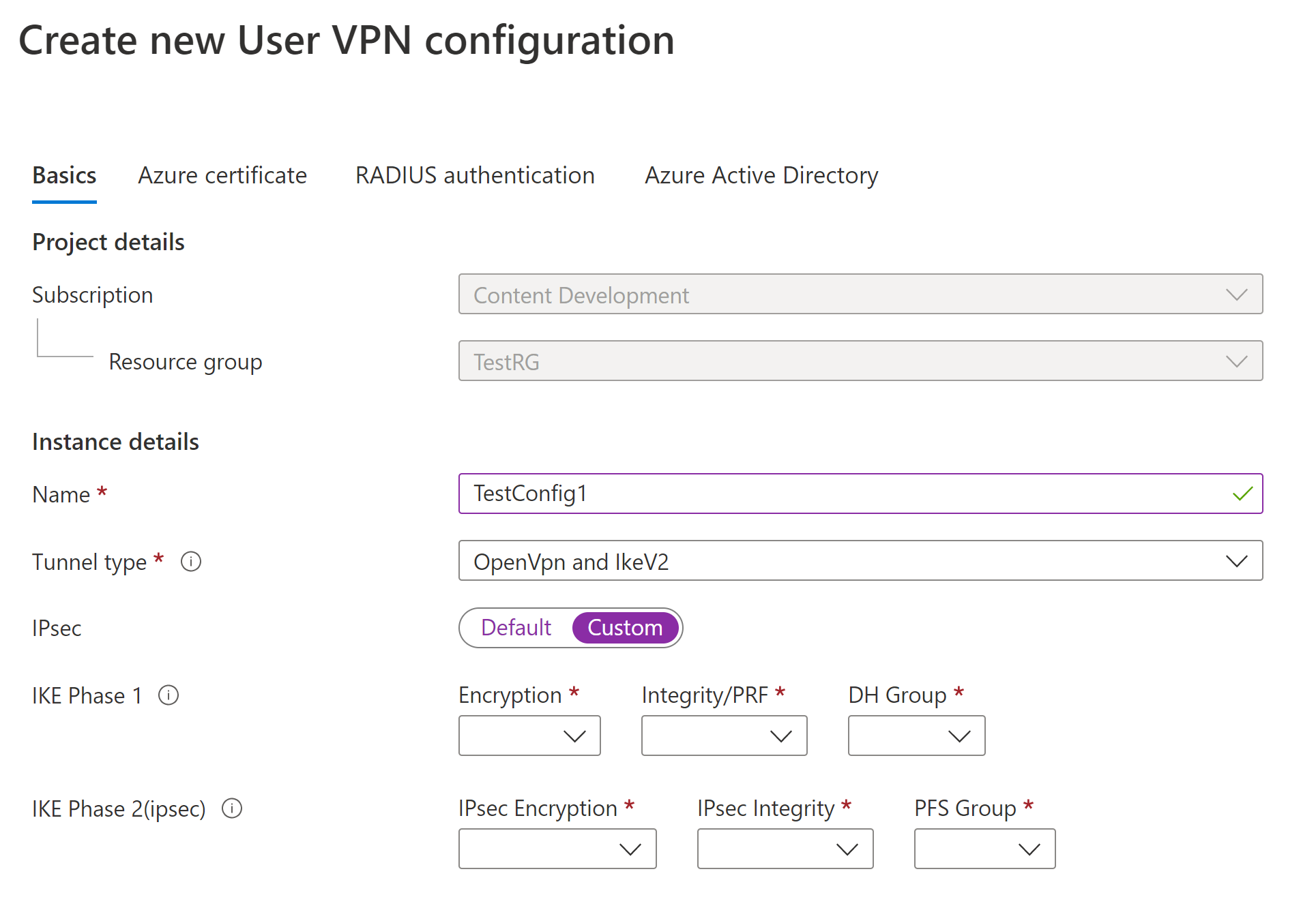 カスタムへの IPsec スイッチのスクリーンショット