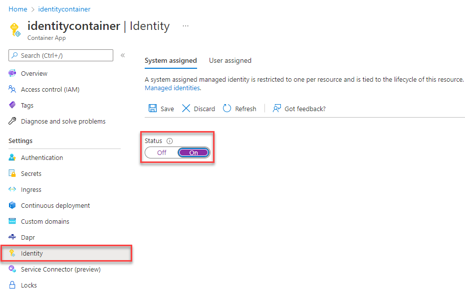 Azure Container Apps のマネージド ID を有効にする方法を示すスクリーンショット。