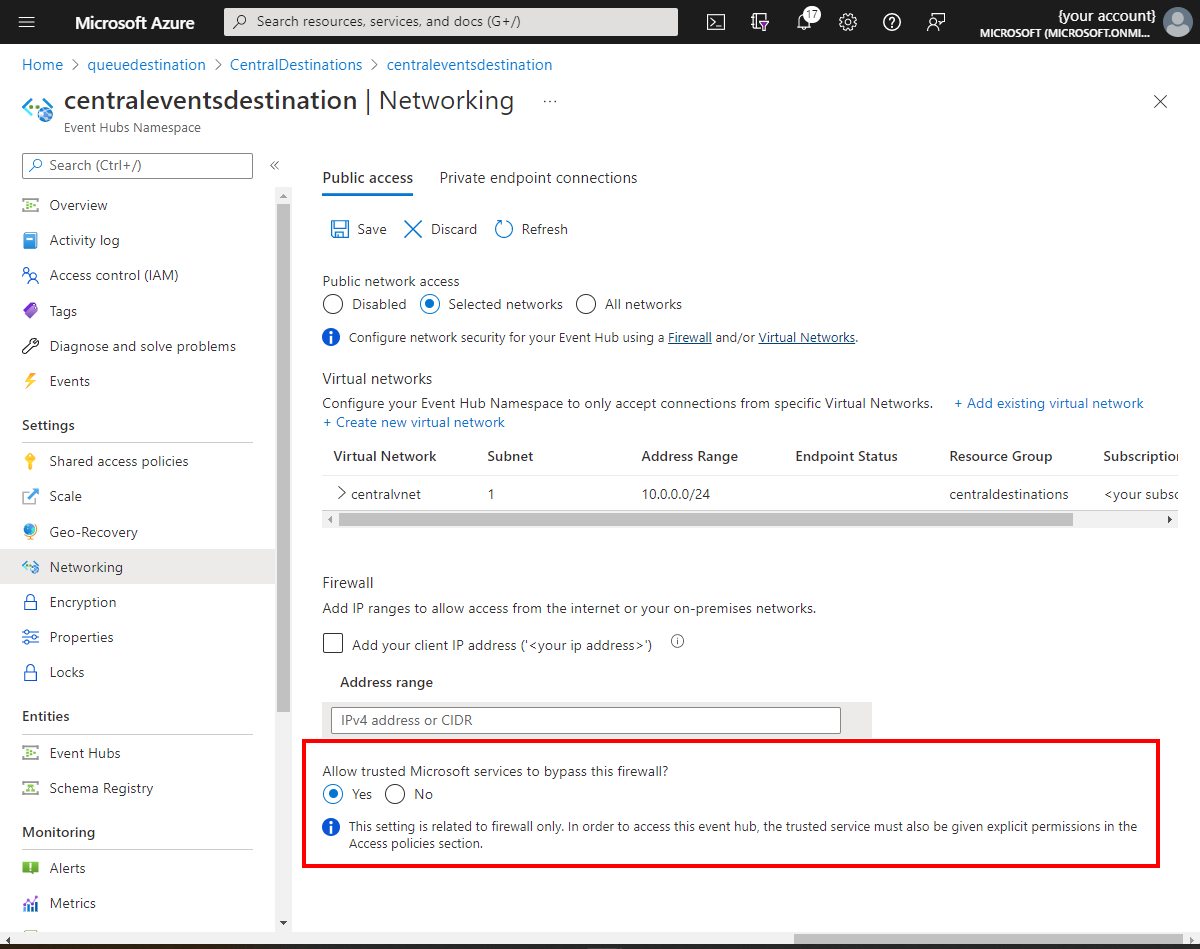 Azure Event Hubs 仮想ネットワークのファイアウォール例外を示す Azure portal からのスクリーンショット。