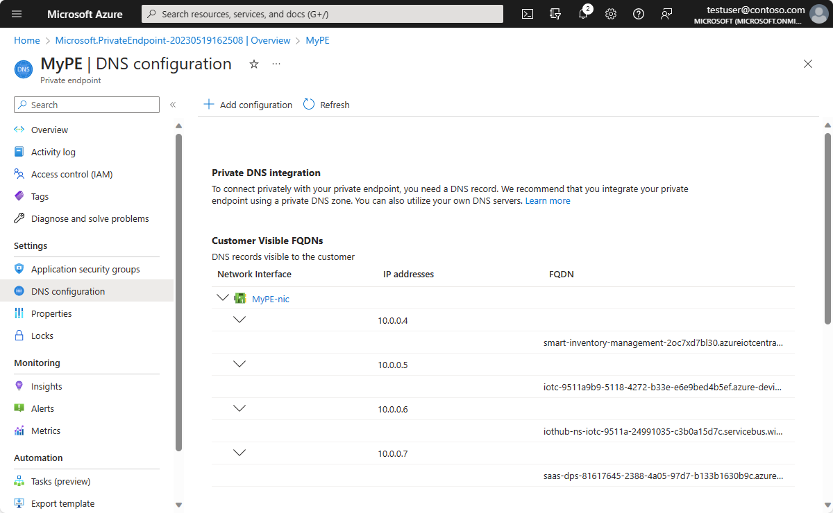 プライベート DNS 構成を示す Azure portal のスクリーンショット。