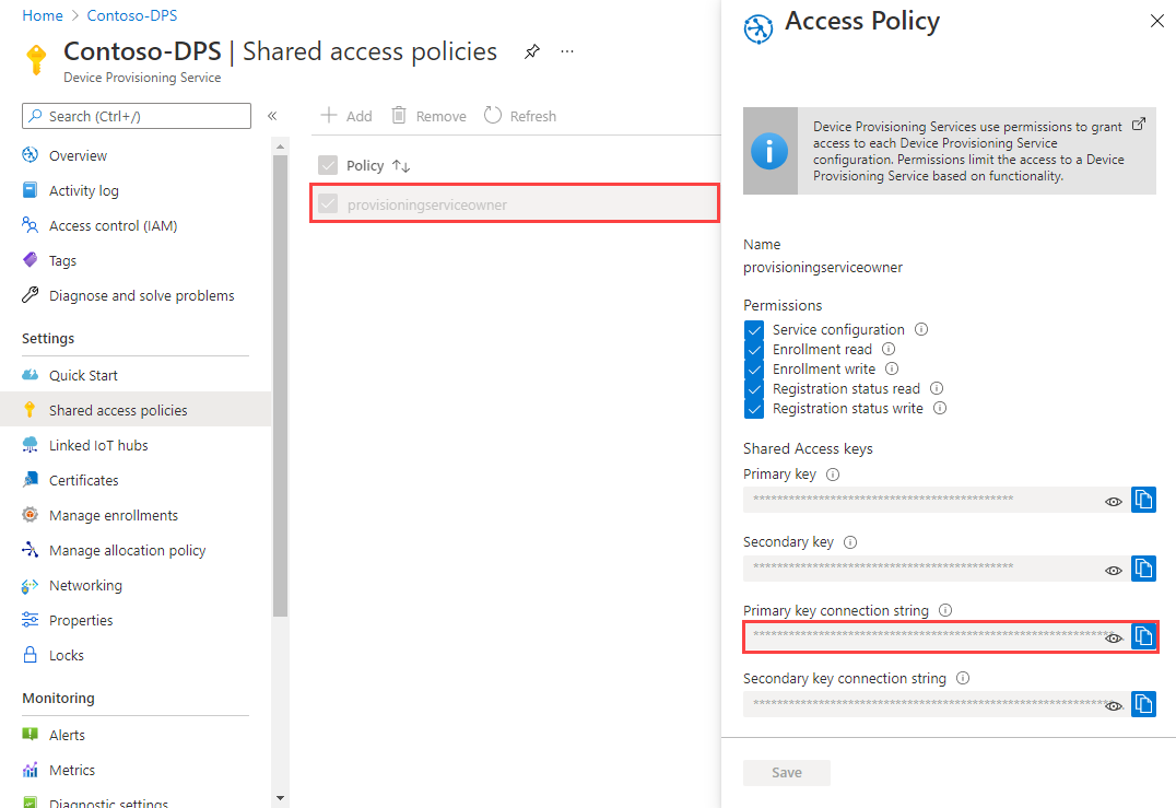 Get provisioning service connection string from the portal.