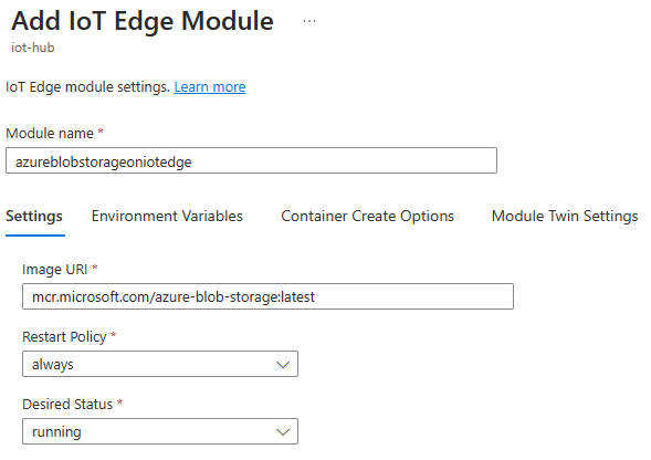 [I o T Edge モジュールの追加] ページの [モジュールの設定] タブを示すスクリーンショット。