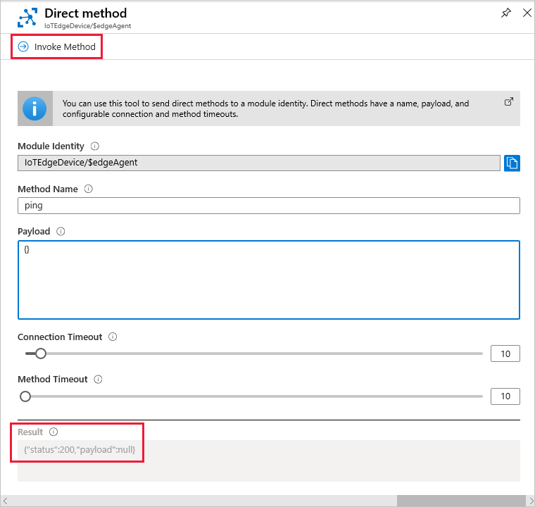 Azure portal でダイレクト メソッド ping を呼び出す方法を示すスクリーンショット。