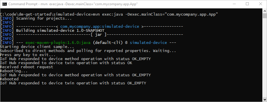 ダイレクト メソッドの呼び出しに応答する Java IoT Hub シミュレートされたデバイス アプリ