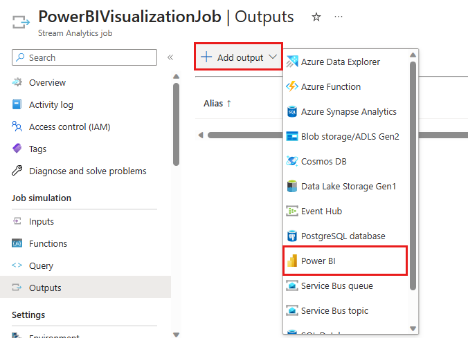 [入力の追加] メニューから Power BI を選択していることを示すスクリーンショット。