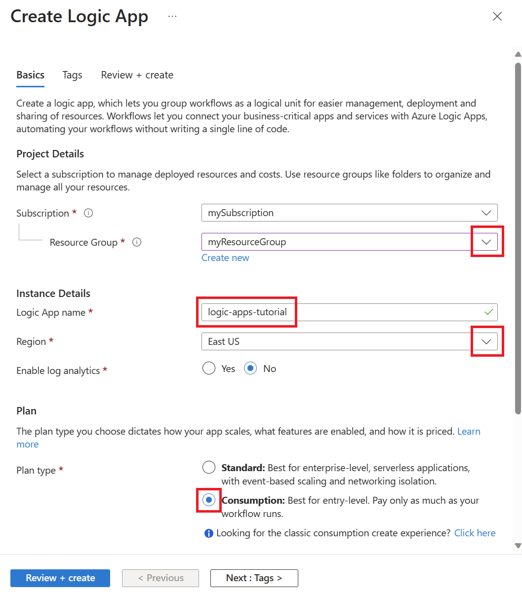 Screenshot that shows creating a logic app in the Azure portal.