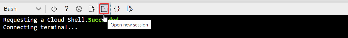 Azure Cloud Shell ウィンドウのスクリーンショット。ツール バーの [新しいセッションを開く] アイコンが強調表示されています。