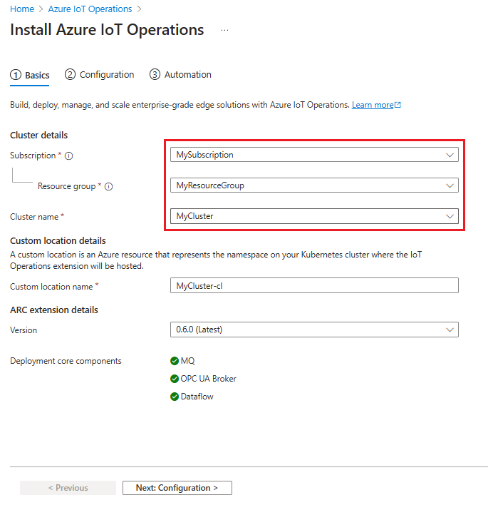 ポータルから Azure IoT Operations をデプロイするための最初のタブを示すスクリーンショット。