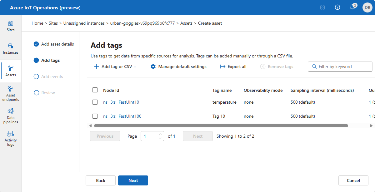 Azure IoT Operations の [タグの追加] ページのスクリーンショット。