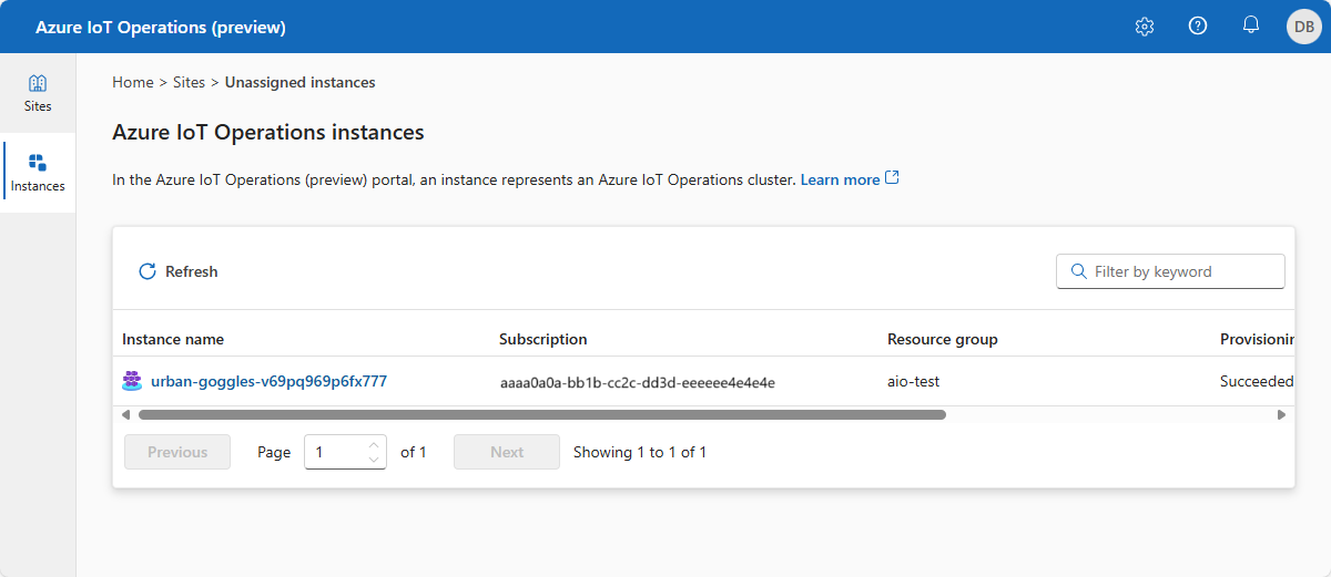 Azure IoT Operations インスタンスの一覧のスクリーンショット。