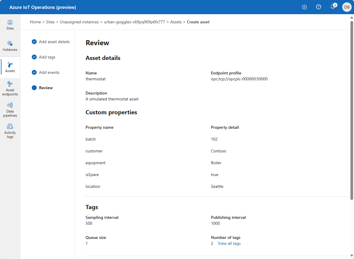 Azure IoT Operations の [資産の作成] レビュー ページのスクリーンショット。