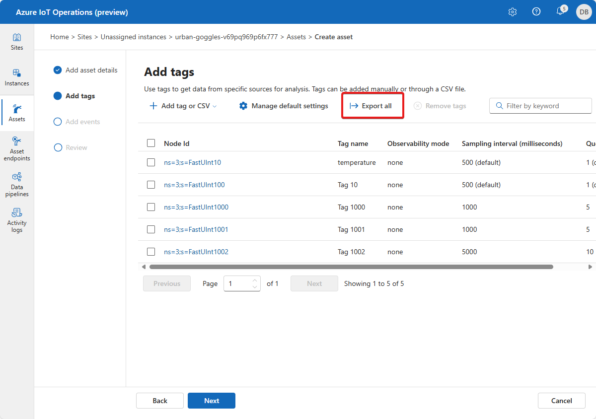 Azure IoT Operations (プレビュー) ポータルで資産からタグの定義をエクスポートする方法を示すスクリーンショット。