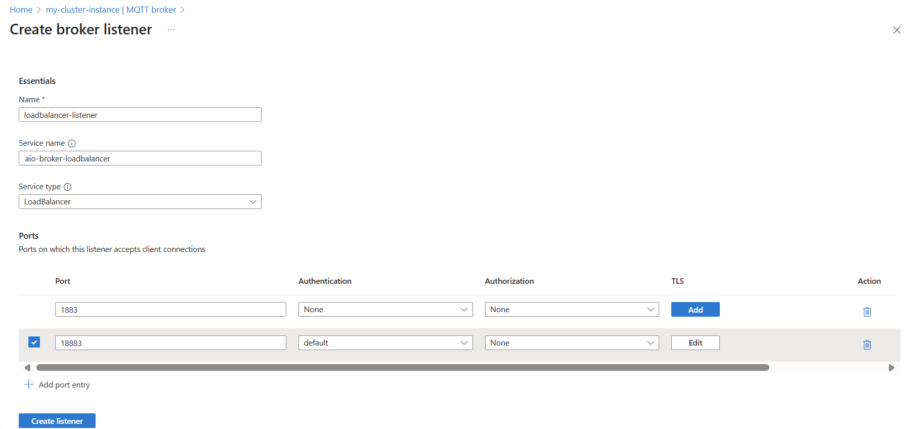 Azure portal を使用してロード バランサー リスナー用の MQTT ブローカーを作成するスクリーンショット。