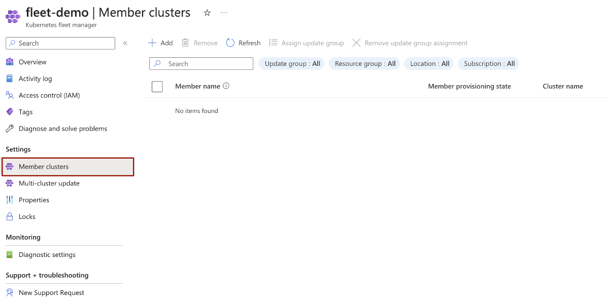Azure Kubernetes Fleet Manager メンバー クラスターに関する Azure portal のページのスクリーンショット。