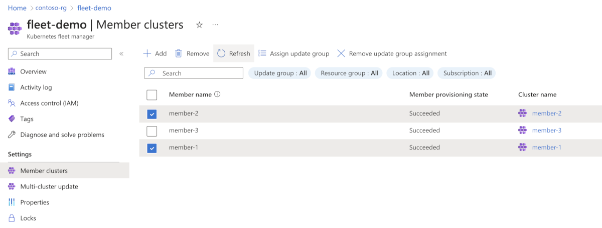 既存のメンバー クラスターをグループに割り当てるための Azure portal のページのスクリーンショット。