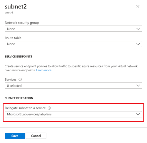 Azure portal の [サブネット プロパティ] ページのスクリーンショット ([サブネットをサービスに委任する] 設定を強調表示)。