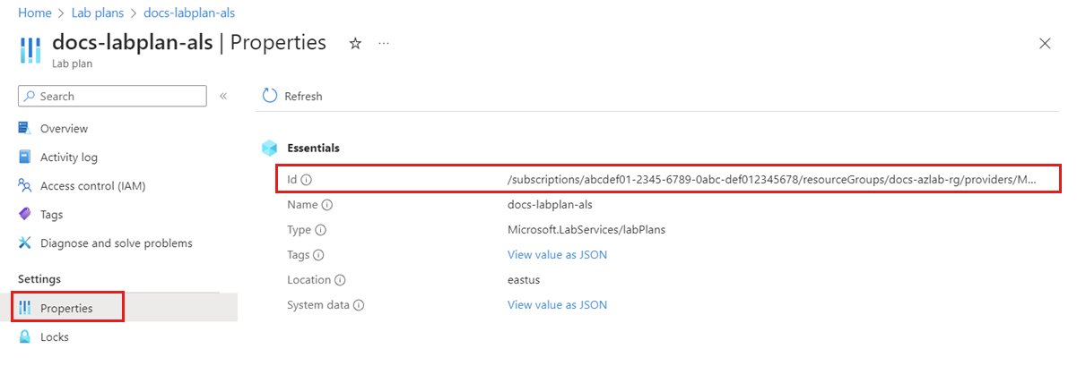 ラボ計画のプロパティを示すスクリーンショット。リソース ID が強調表示表示されています。