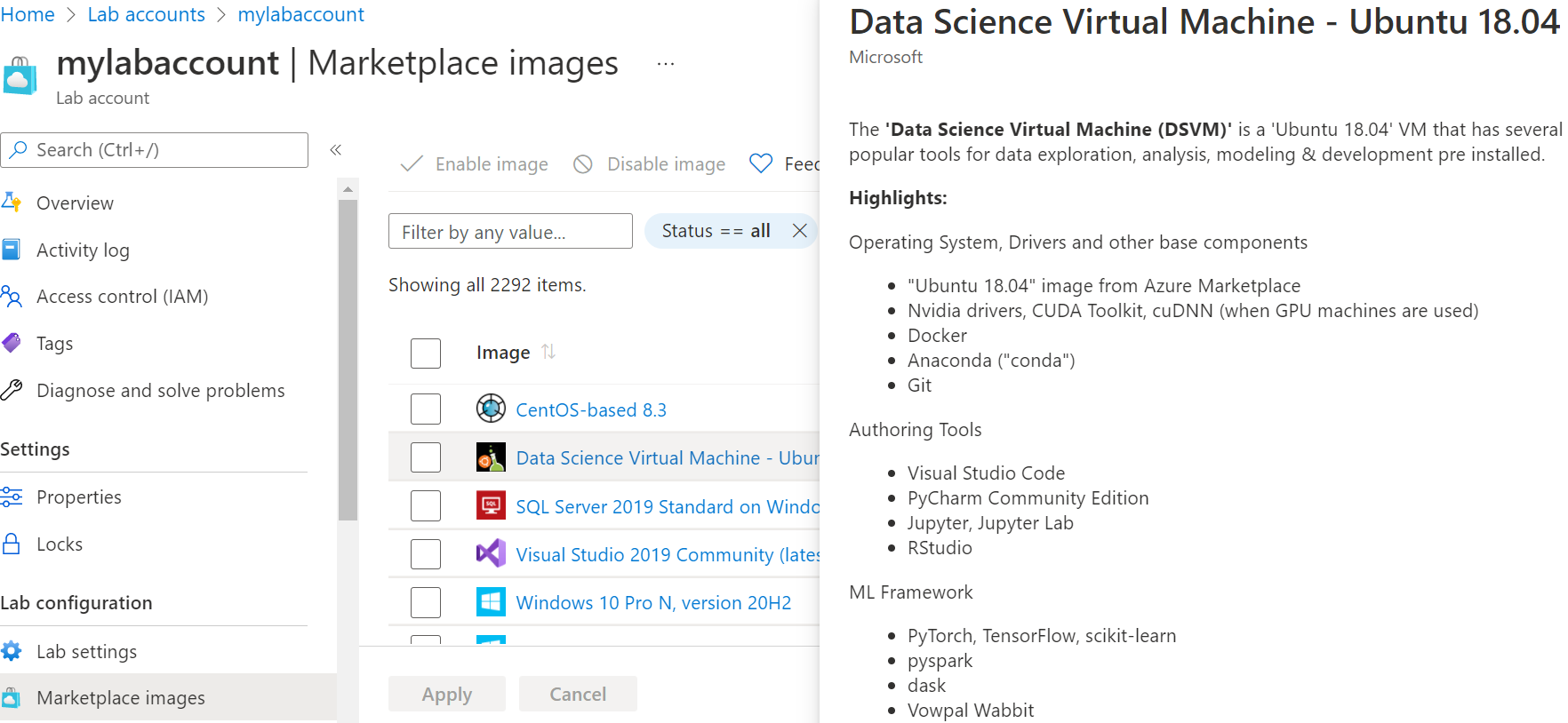 Azure Marketplace で確認できるイメージの一覧のスクリーンショット。