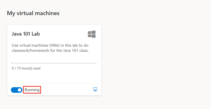 VM タイルの状態ラべルが強調表示されている Azure Lab Services の [My 仮想マシン] ページのスクリーンショット。