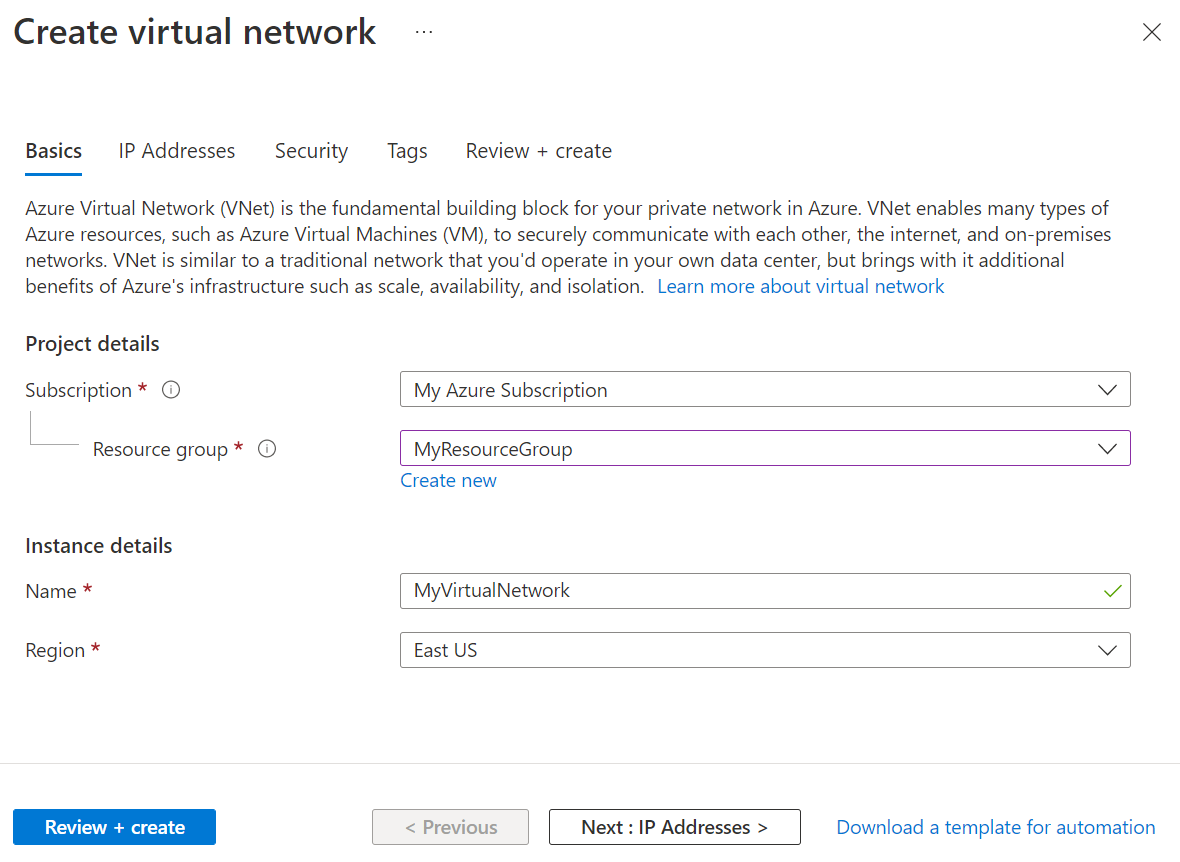 Azure portal の [仮想ネットワークの作成] ページの [基本] タブのスクリーンショット。